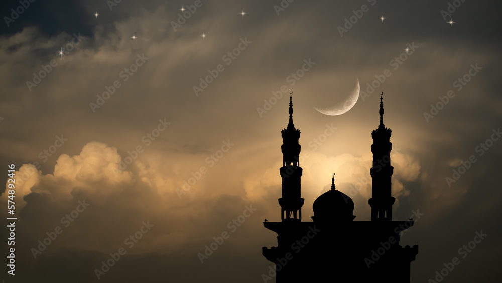 Islamic Architecture Celebration Background Concept,Design Ramadan Silhouette Building Mosques Dome,Crescent Moon Sky on Blue Black,New Year Muharram Religion,Arabic,Eid Al-Adha,Mubarak Muslim.