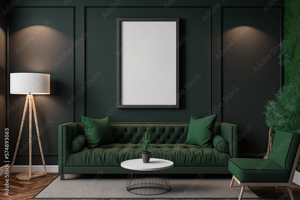 mock-up poster frame in dark green home room. Generative AI mock-up poster frame in dark green home room. Generative AI