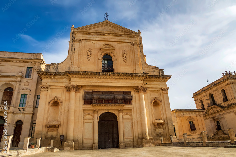 Scenic view in Noto, with San Salvatore Church and Santa Chiara Church. Province of Siracusa, Sicily, Italy.