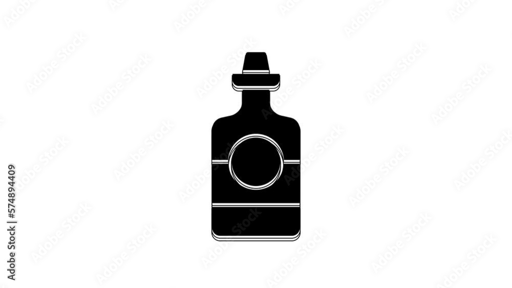 Black Tequila bottle icon isolated on white background. Mexican alcohol drink. 4K Video motion graphic animation Black Tequila bottle icon isolated on white background. Mexican alcohol drink. 4K Video motion graphic animation