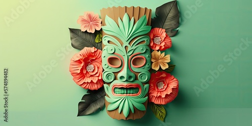 tiki festival background with copy space for text, paper cut style, tiki mask hd wallpaper with empty space, festival banner