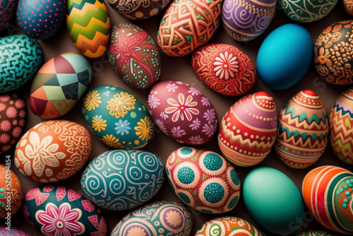 Up Close and Personal with Beautifully Painted Easter Eggs in Floral Motifs - Generative Ai photo