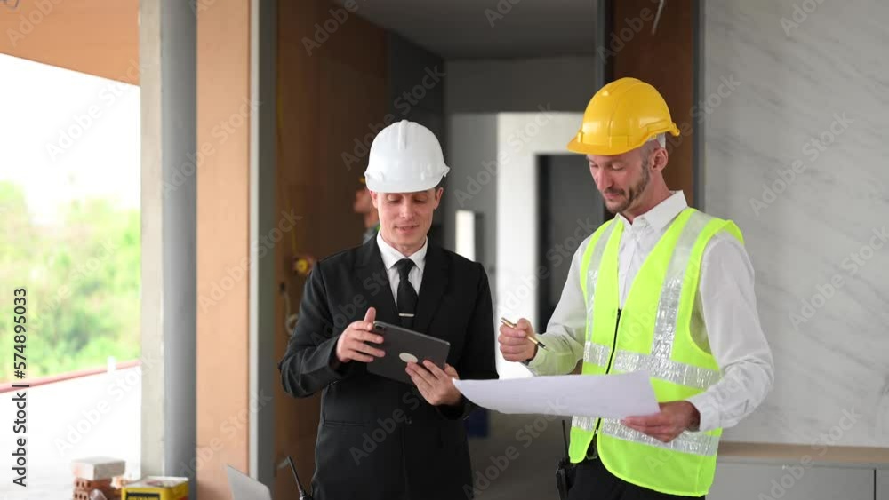 Contractor and architect looking at plan, tablet, laptop and talking about working on big project. Building in construction interior.. Contractor and architect looking at plan, tablet, laptop and talking about working on big project. Building in construction interior..