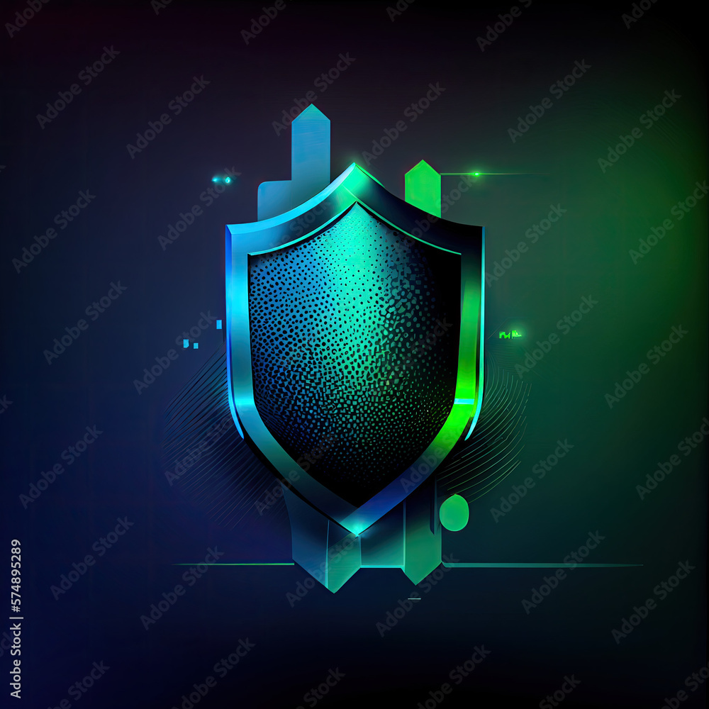 Fototapeta premium An illustration of a cyber security concept, with a metal shield colored in gradient blue and green colors, representing protection, strength, and technology