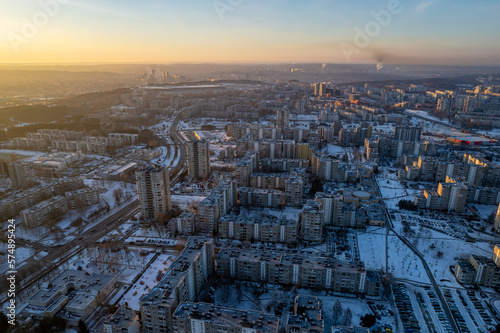 Aerial beautiful winter morning view of Fabijoniskes district, Vilnius, Lithuania
