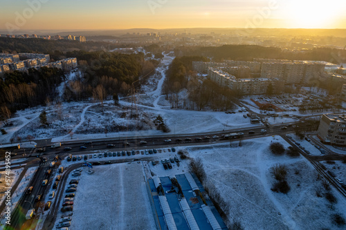 Aerial beautiful winter morning view of Fabijoniskes district, Vilnius, Lithuania photo