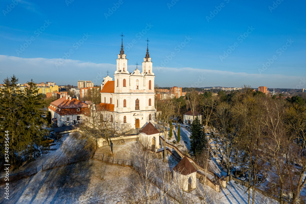 Aerial beautiful winter morning view of Church of the Discovery of the Holy Cross, Vilnius, Lithuania