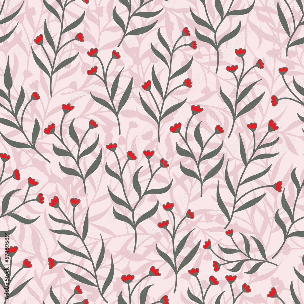 Seamless pattern with cute small flowers and leaves on light pink background. Hand drawn vector illustration. Texture for print, fabric, textile, and wallpaper Seamless pattern with cute small flowers and leaves on light pink background. Hand drawn vector illustration. Texture for print, fabric, textile, and wallpaper