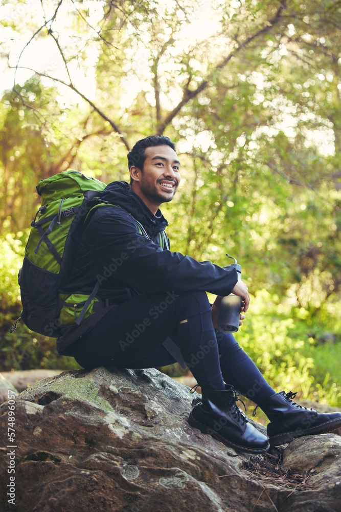 Relax, hiking or water bottle in woods, nature forest or fitness environment for break, electrolytes or Japanese healthcare. Hiker man, backpacker or sports drink in rest, recovery or happy workout Relax, hiking or water bottle in woods, nature forest or fitness environment for break, electrolytes or Japanese healthcare. Hiker man, backpacker or sports drink in rest, recovery or happy workout