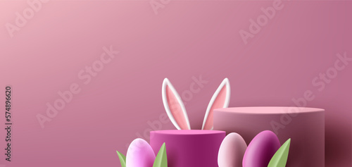 Spring Easter podium, cylinder pedestal with eggs and bunny ears, pink colors, spring background