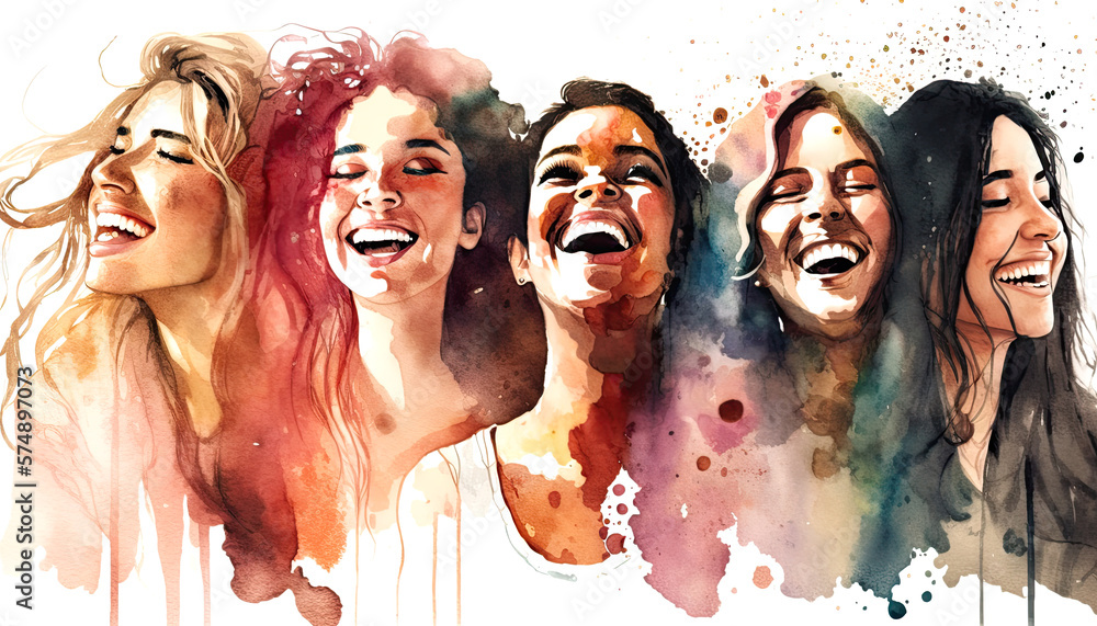 Happy women group for International Women’s day , watercolor style illustration by Generative Ai	 - obrazy, fototapety, plakaty 