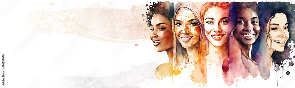 Happy women group for International Women’s day banner , watercolor style illustration by Generative Ai	 - obrazy, fototapety, plakaty 