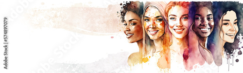 Happy women group for International Women’s day banner , watercolor style illustration by Generative Ai	