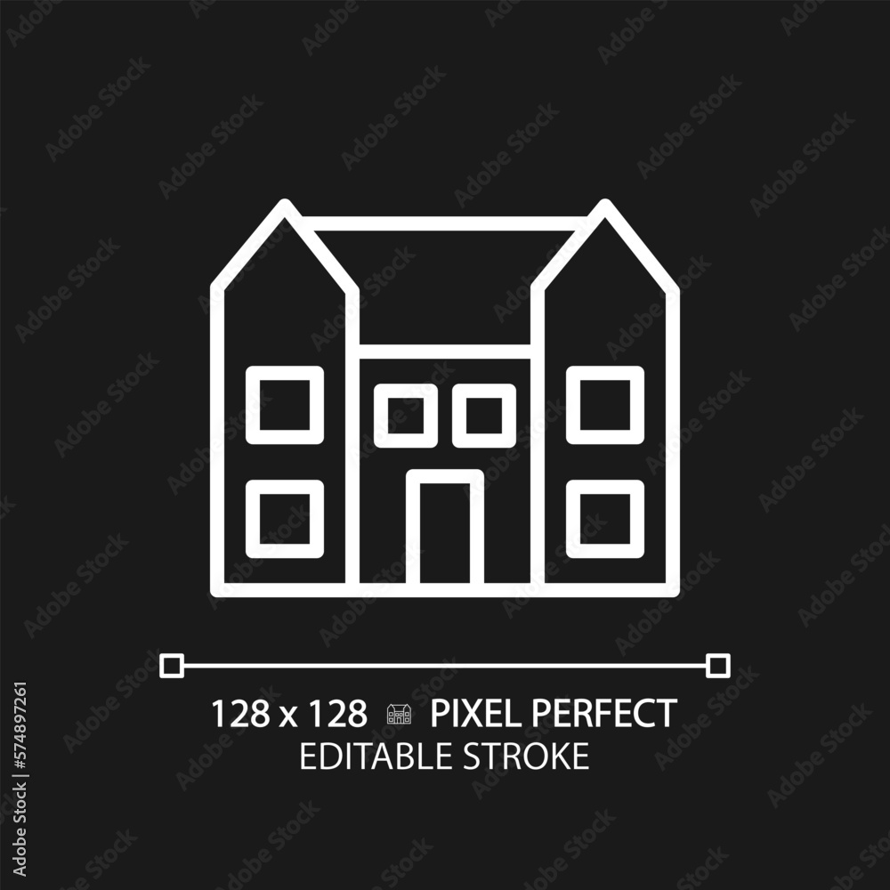 Mansion pixel perfect white linear icon for dark theme. Large dwelling