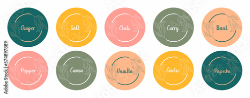 Labels with different seasonings for the organizer jars. Spice stickers for the pantry. Stickers for marking kitchen food containers. Kitchen organization.
