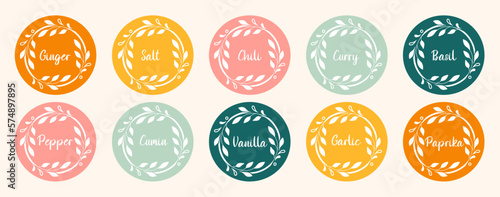 Labels with different seasonings for the organizer jars. Spice stickers for the pantry. Stickers for marking kitchen food containers. Kitchen organization.