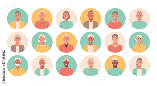 People portraits of older men and women, senior men and women face avatars in round isolated icon set, vector flat illustration