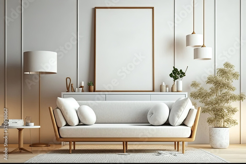 Poster mock-up featuring a minimalist living room with a white sofa and wooden furnishings against a bright beige interior background. Generative AI