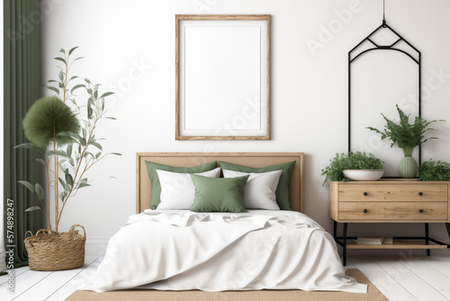 poster frame mockup in a rustic bedroom with natural wood furniture and greenery,. Generative AI
