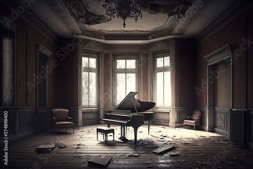 Wallpaper Mural Old broken piano in the middle of empty room from abandoned house, generative ai Torontodigital.ca