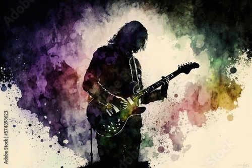 A rock guitarist silhouette with colorful smoke in water color style design illustration, generative ai