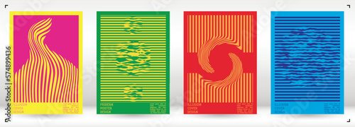 Geometrical Poster Design with Optical Illusion Effect.  Modern Psychedelic Cover Page Collection. Colourful Wave Lines Background. Fluid Stripes Art. Swiss Design. Vector Illustration for Brochure.