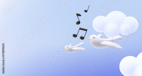 Flying white doves with music notes, singing birds in the sky, 3d illustration render graphics, background