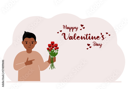 A happy little boy holds a bouquet of flowers in his hand. Next to the text Happy Valentine's Day. Concept for postcard, congratulations, banner or poster.