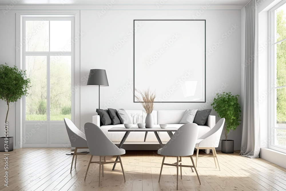 Front view of a light dining and living room with a dining table, a couch, an armchair, a white wall, a large window, and hardwood flooring. minimalistic style. a mockup. Generative AI Front view of a light dining and living room with a dining table, a couch, an armchair, a white wall, a large window, and hardwood flooring. minimalistic style. a mockup. Generative AI