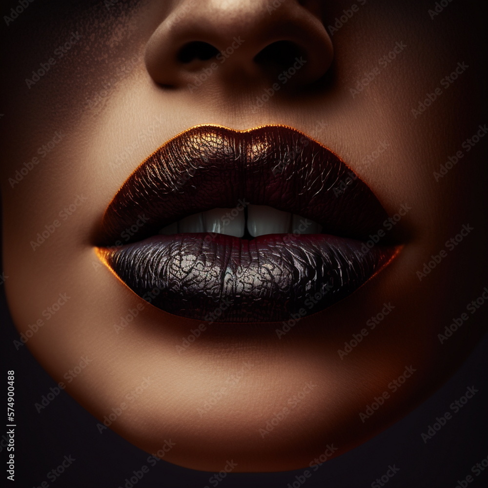 Plump female lips painted with black lipstick. Generative AI. Plump female lips painted with black lipstick. Generative AI.