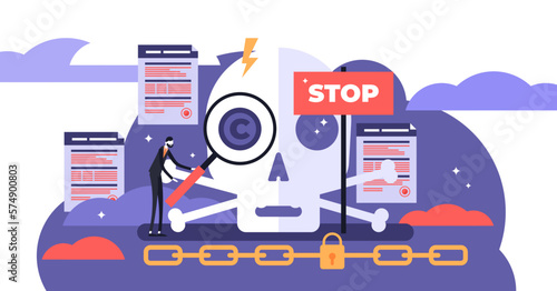 Copyright illustration, transparent background. Flat tiny legal author work persons concept. Intellectual property patent protection sign. Creative ownership against piracy crime.