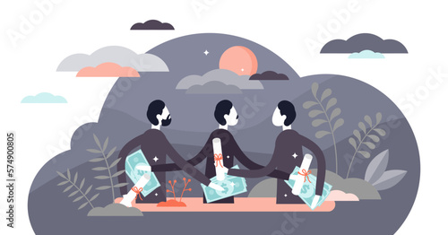 Corruption concept, flat tiny persons illustration, transparent background. Government workers and commerce businessman secretly exchanging money and profitable deals.