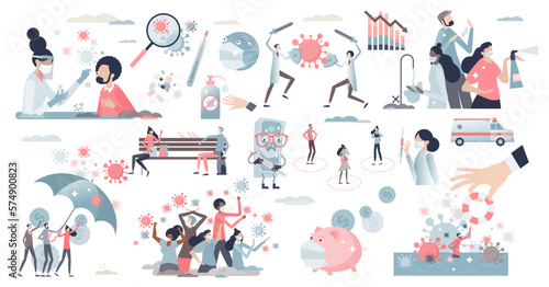 Covid or coronavirus items with epidemic outbreak tiny person collection set, transparent background.Health protection mini scenes with covid19 testing, vaccine and control illustration.