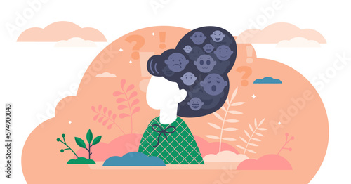 Emotions stylized art, flat tiny person illustration, transparent background. Creative emotional symbols in the female persons head =. Mental thought process activity.