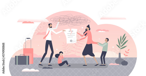Family quarrel and divorce conflict involving children tiny person concept, transparent background. Fight and arguing about marriage contract and relationship agreement illustration.