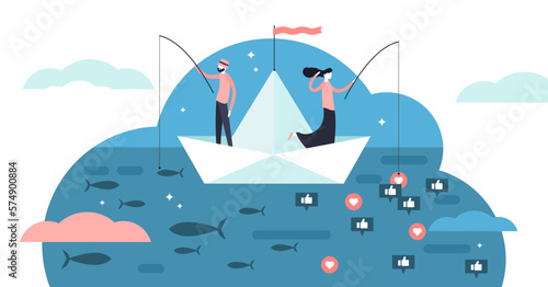 Fishing illustration, transparent background. Flat social media like catch persons concept. Outdoors seafood hobby and symbolic followers marketing comparison analogy.