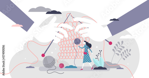 Knitting illustration, transparent background. Handmade knit hobby flat tiny persons concept. Method and technique create a textile or fabric. Make stitches as loop of yarn in row.