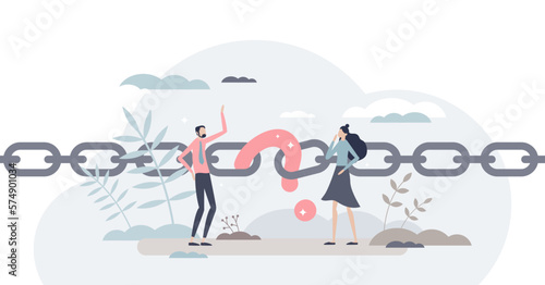 Missing link and incomplete connection for business flow tiny person concept, transparent background.Confusion about company failure or joint loss illustration.
