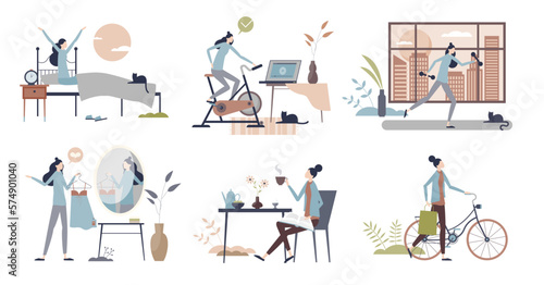 Morning routine steps and everyday activities tiny person collection set, transparent background. Elements with waking up, exercise, dressing up, breakfast coffee or drive to work illustration.