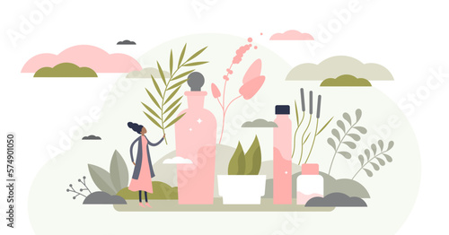 Organic skincare with herbal ecological cosmetics cream flat tiny persons concept, transparent background. Natural hygiene products for female health and treatment illustration.