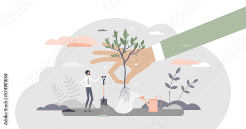 Plant a tree as corporate environmental responsibility tiny person concept, transparent background. Businessman ecological activity to save nature and planet illustration.