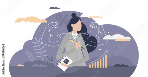 Powerful business female as company leader with confidence strength tiny person concept, transparent background. Businesswoman power with boss muscles and successful work achievements illustration.