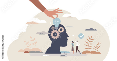 Problem resolution and solution with smart idea tiny person concept, transparent background. Effective and wise business collaboration or partnership.