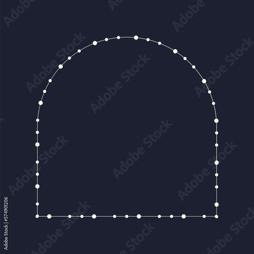 Fairy lights geometric border frame. White string garland with text space isolated on dark background. Christmas tree, New Year party decorations template with transparency.