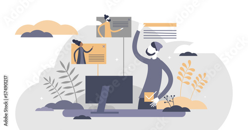 Virtual teams working dispersed together from distance flat tiny persons concept, transparent background. Communication technologies used for job.