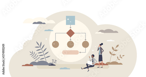 Algorithms flowchart programming and solutions model coding tiny person concept, transparent background. Machine learning optimization and information analyzing process with AI illustration.