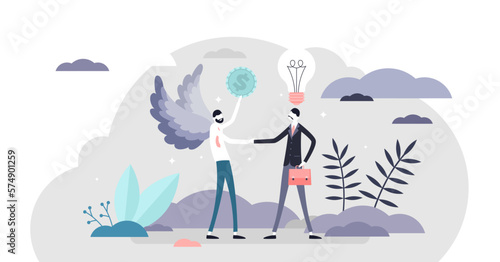 Angel money investor in business illustration flat tiny person concept, transparent background. Economical help from rich corporations to new startups with creative ideas.