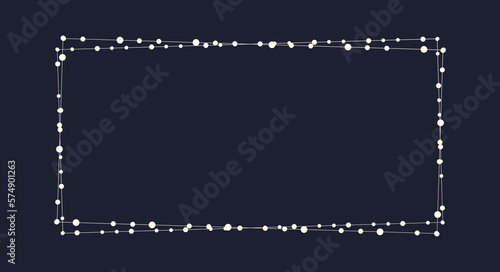 Fairy lights geometric rectangular border frame. White string garland with text space isolated on dark background. Christmas tree, New Year party decorations template with transparency.