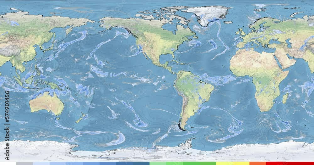 Meteorological map displays precipitation and atmospheric pressure ...