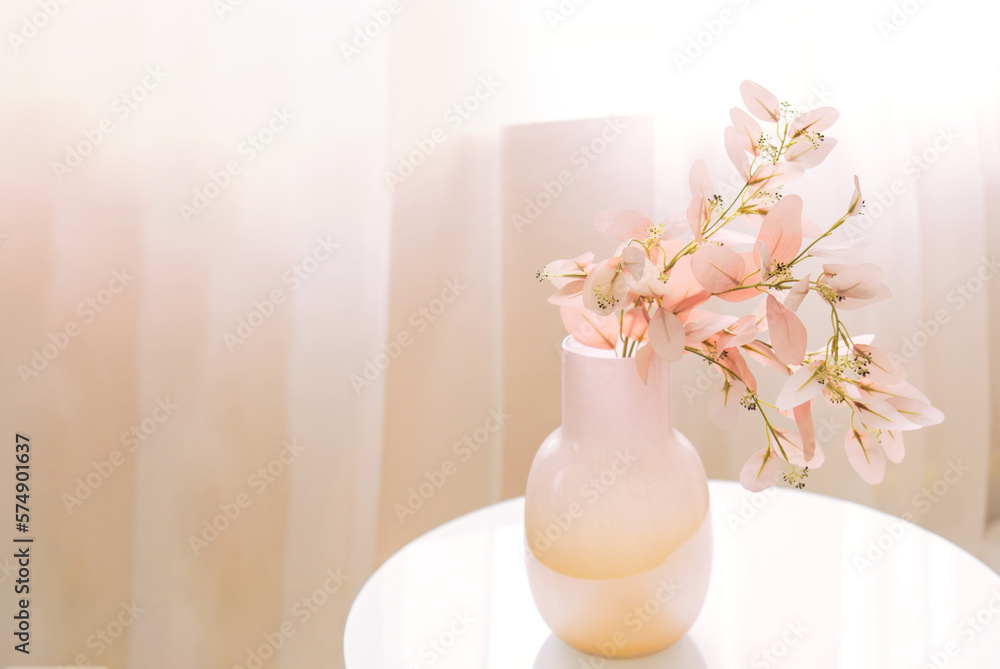 custom made wallpaper toronto digitalSoft home decor in soft tones, a pink vase with pink beautiful flowers on the background of a window and pink curtains, round table. Interior.